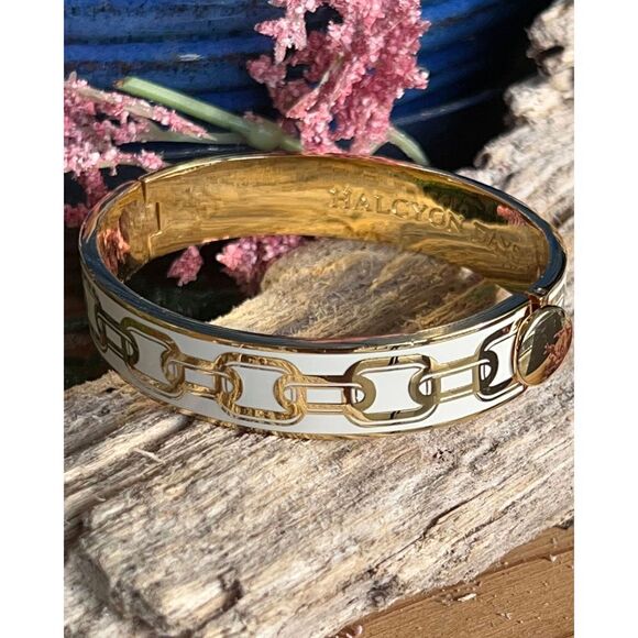 Halcyon Days Chain Cream & Gold Hinged Bangle - Picture 1 of 16